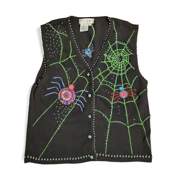 Vintage Halloween Maximalist Beaded Cardigan Sweater Vest Kitschy Spider Webs - Picture 1 of 10